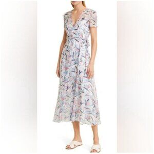 Club Monaco Maxi Wrap Dress Size 6 Blue Pink Floral Sheer Wedding Guest Event